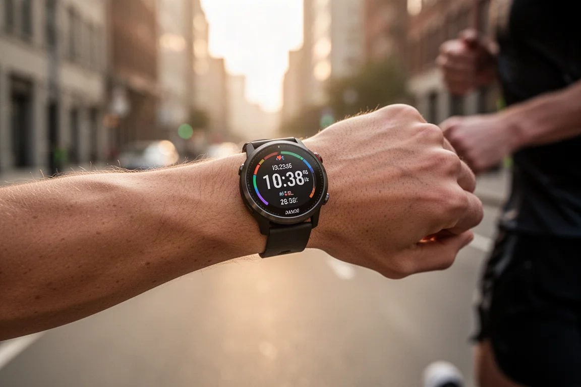 Läufer prüft während eines frühen Morgenlaufs eine GPS-Sportuhr