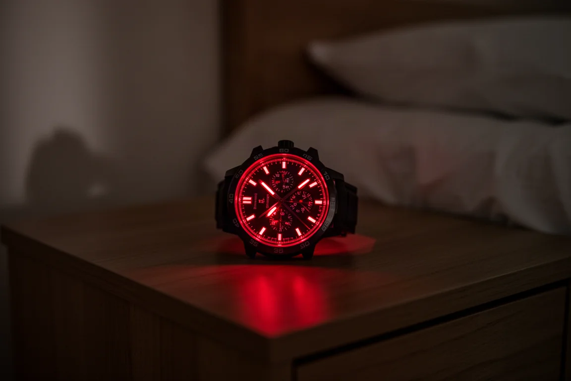 Nahaufnahme eines Zifferblatts, das nachts in einem abgedunkelten Schlafzimmer rot leuchtet