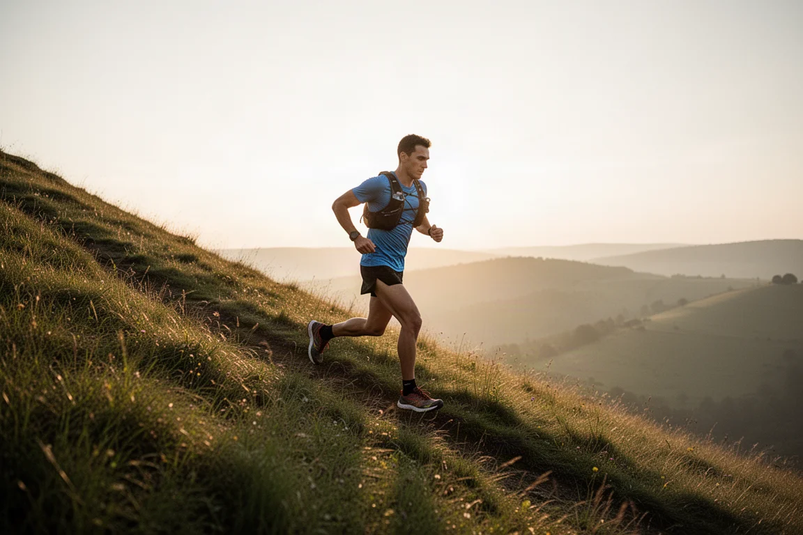Trailrunner bewältigt bei Sonnenaufgang einen steilen Anstieg