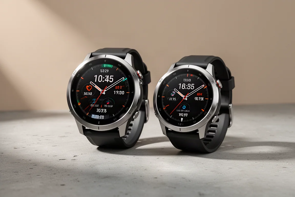 Two Garmin AMOLED sports watches side by side on a concrete surface