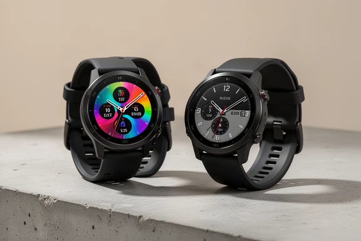 兩款高階 Garmin 風格運動手錶並排放置,一款是鮮豔的 AMOLED 螢幕,一款是柔和的透反射式屏幕