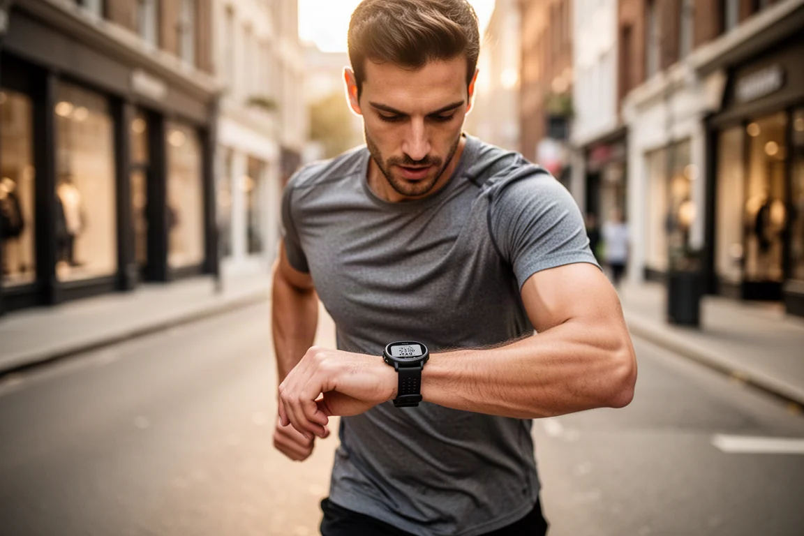 Biegacz patrzący na zegarek sportowy z GPS w trakcie biegu na miejskiej ulicy