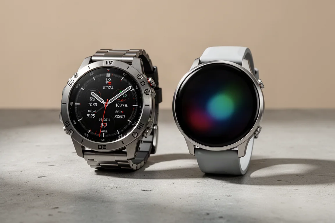 Two premium Garmin sports watches side by side on a concrete surface