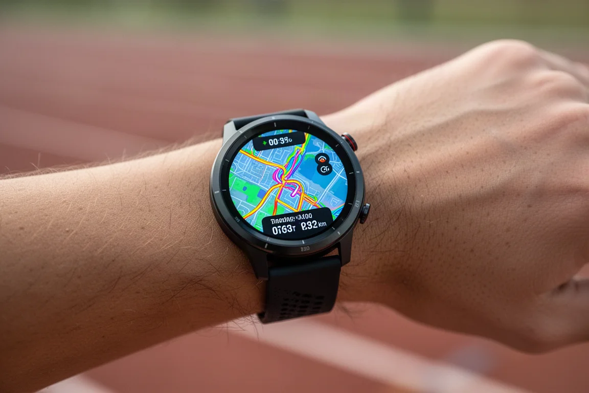 Close-up of a bright round AMOLED smartwatch display glowing on a runner's wrist