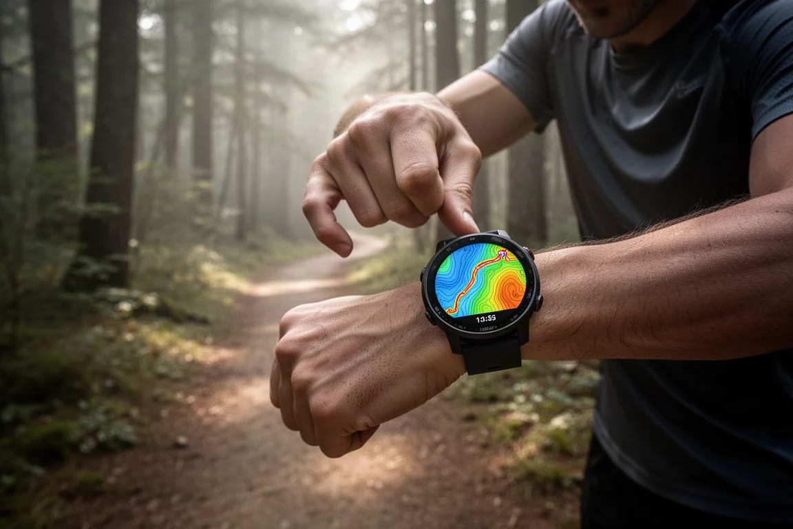 Runner checking a vivid color topographic map on a watch during a trail run