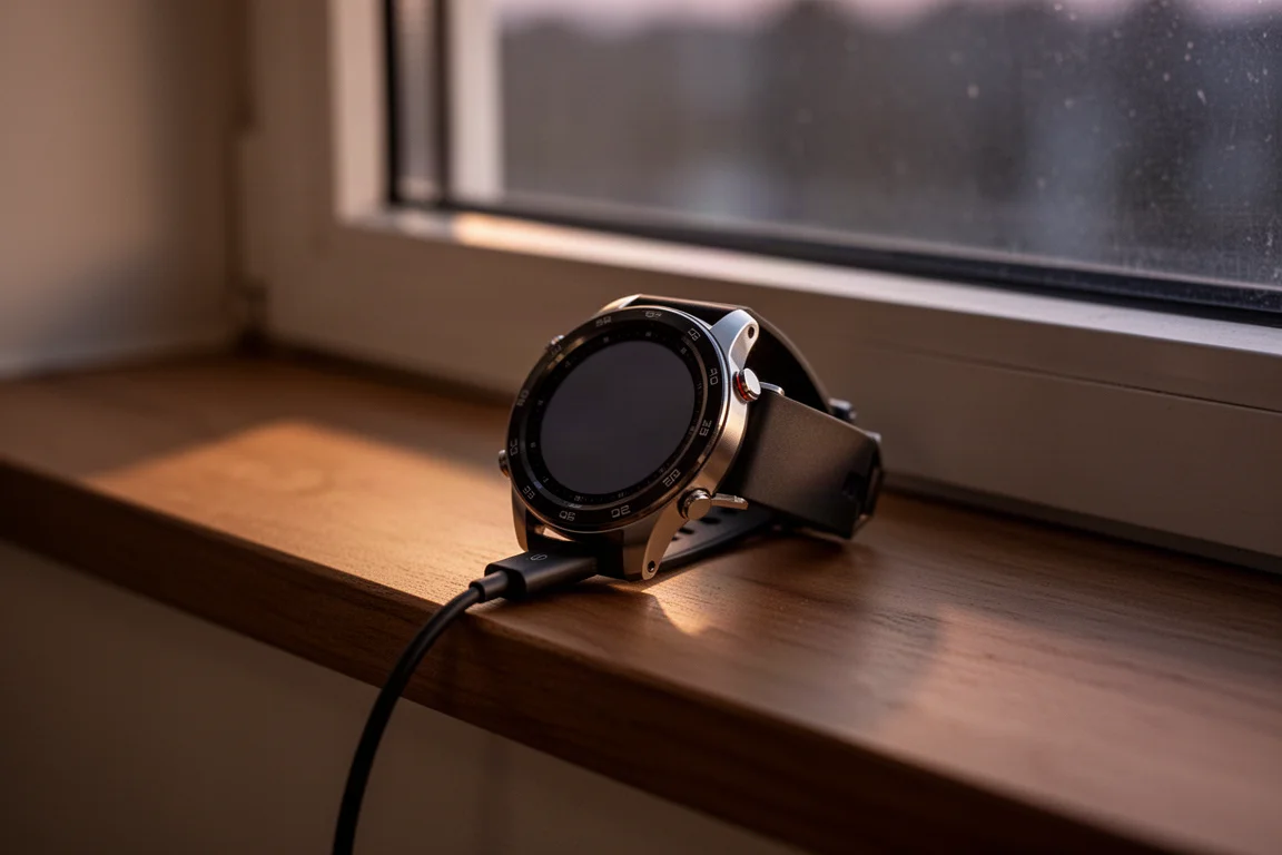 GPS watch on a windowsill charging cable connected during evening recovery