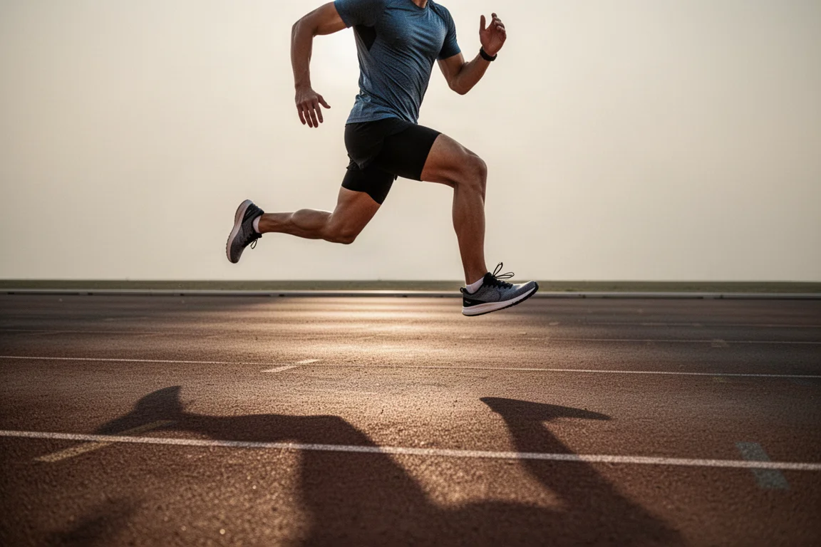 Runner doing interval reps on a track in soft late-afternoon light