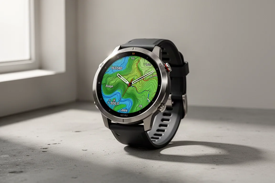 Premium round GPS sports watch with AMOLED display on a concrete surface