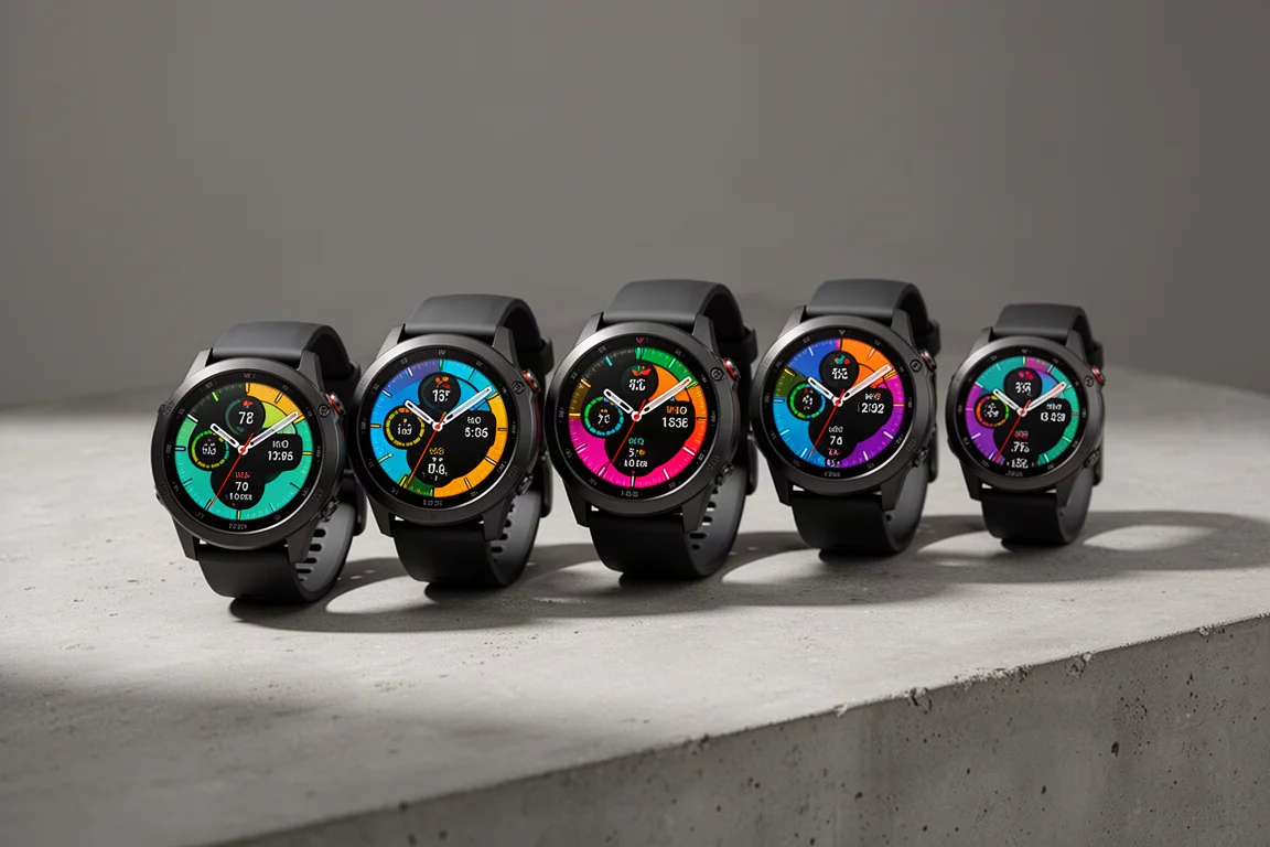 Lineup of premium Garmin GPS smartwatches in different sizes on a concrete surface