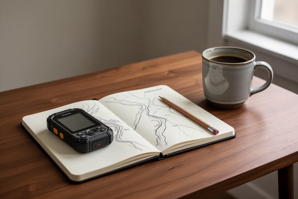 Vue à plat d'une carte papier, d'une boussole et d'un appareil portable robuste sur du bois patiné
