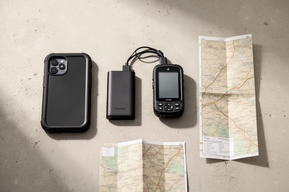 Randonneur à une bifurcation de sentier au lever du soleil avec un téléphone dans une coque robuste