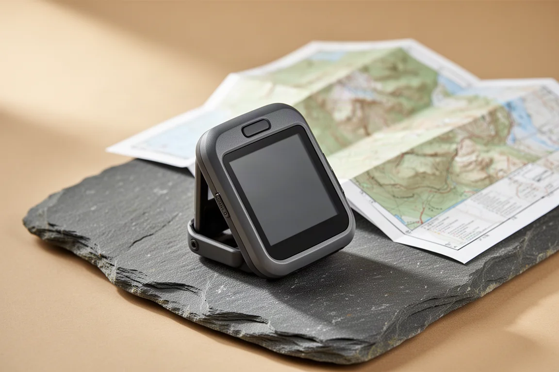 GPS portatile compatto e robusto con bordi squadrati su una superficie di ardesia accanto a una mappa cartacea