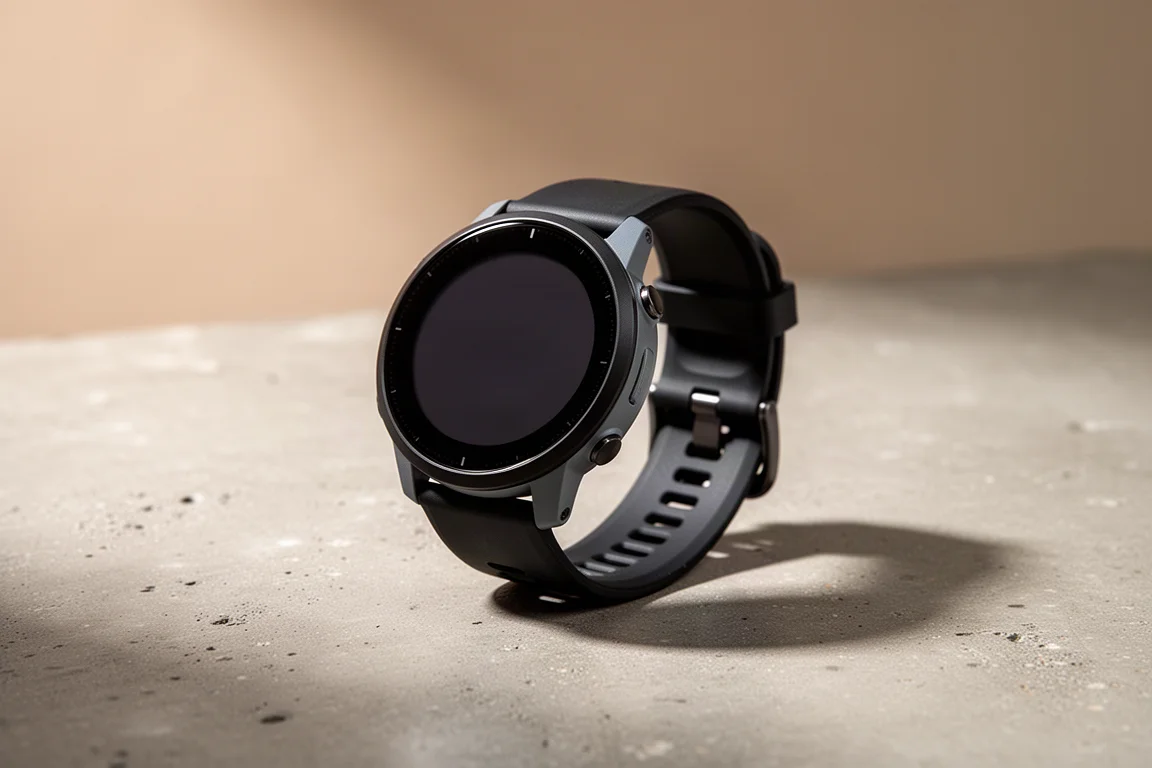 Compatto orologio GPS multi-sport nero con cinturino in silicone su una superficie in cemento