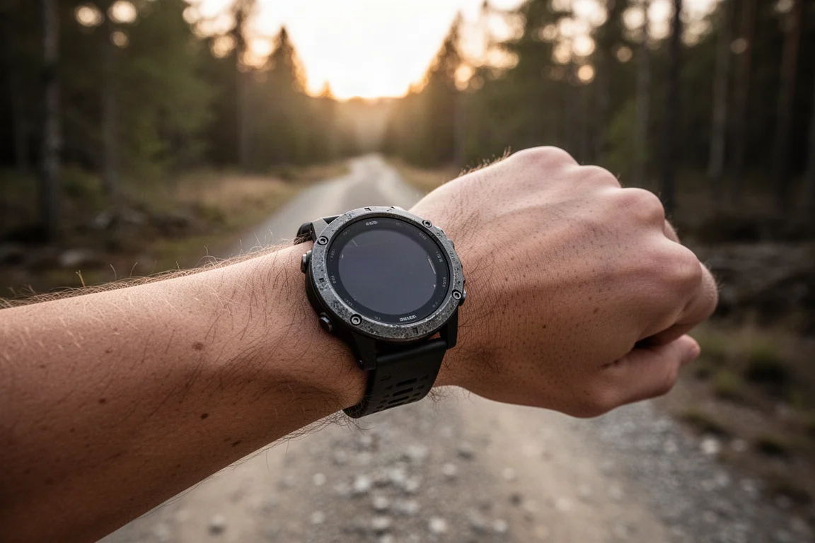 Podista controlla un grande quadrante GPS rotondo durante una corsa su sentiero la sera