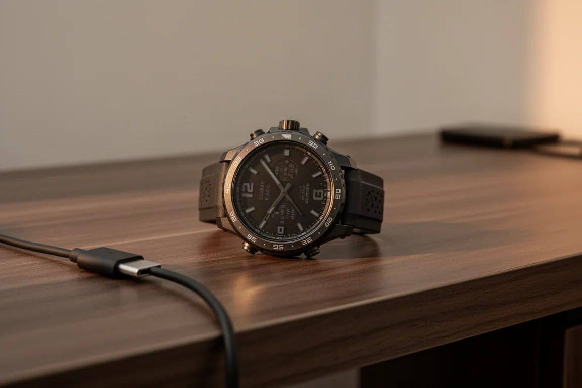 Orologio GPS su un cavo di ricarica che mostra una buona carica residua della batteria