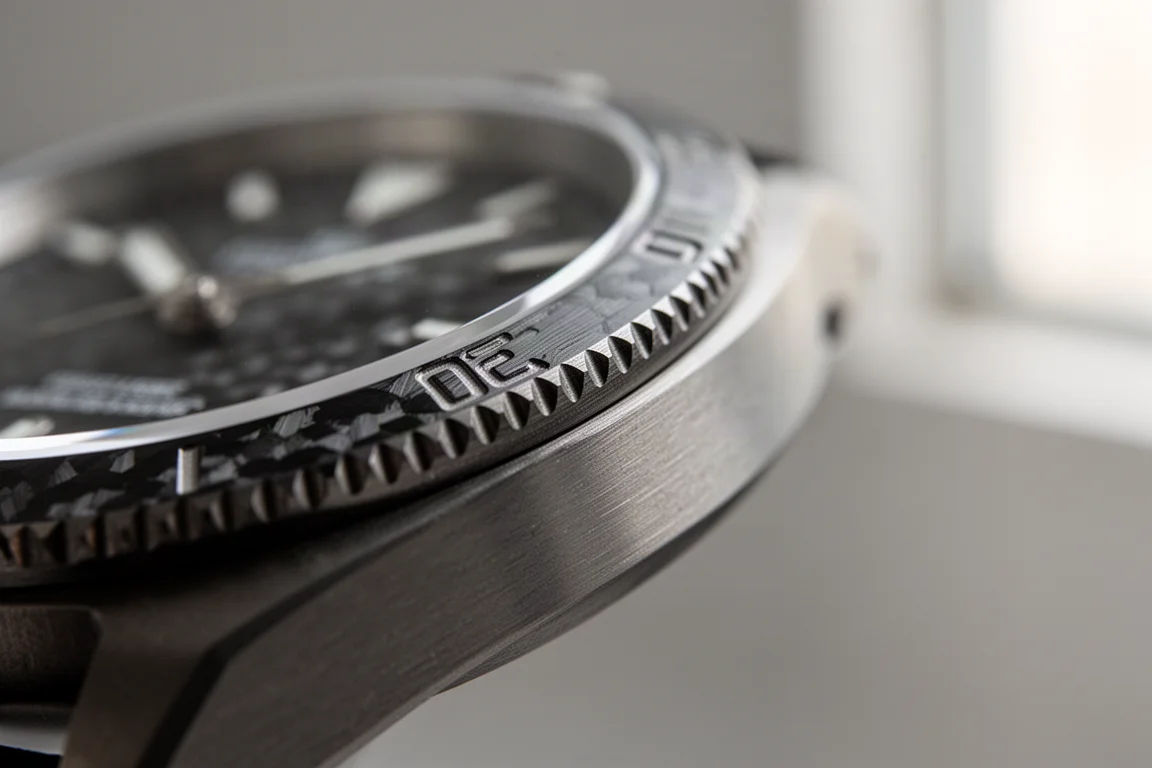 Primo piano di una lunetta in titanio dell'orologio che riflette una luce soffusa dalla finestra
