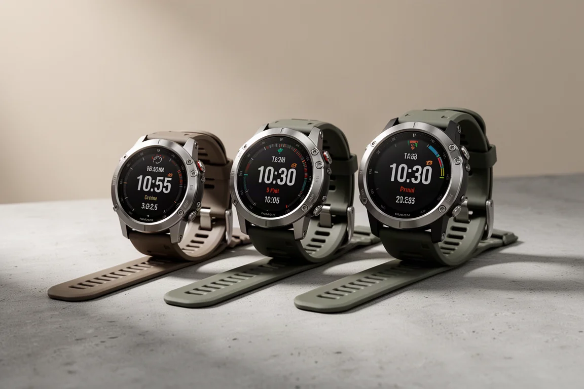 Three rugged GPS sports watches of increasing size lined up on a concrete surface