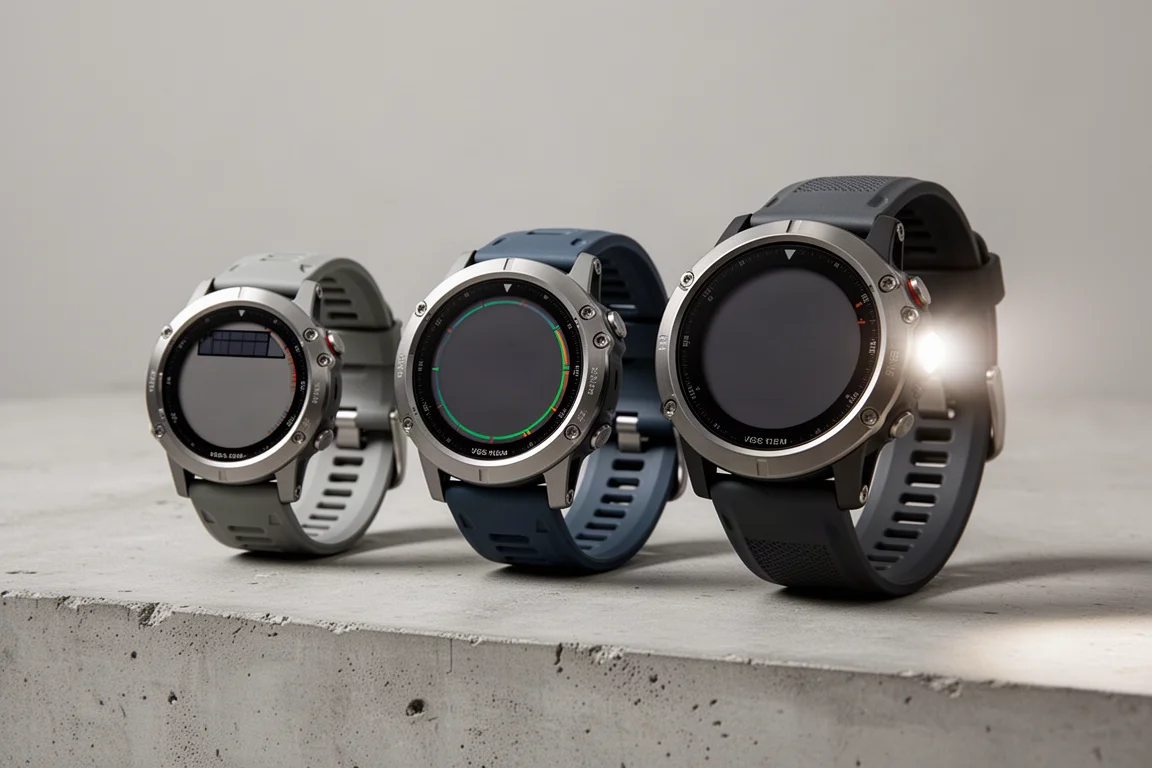 Three rugged GPS sports watches in different sizes on a concrete surface