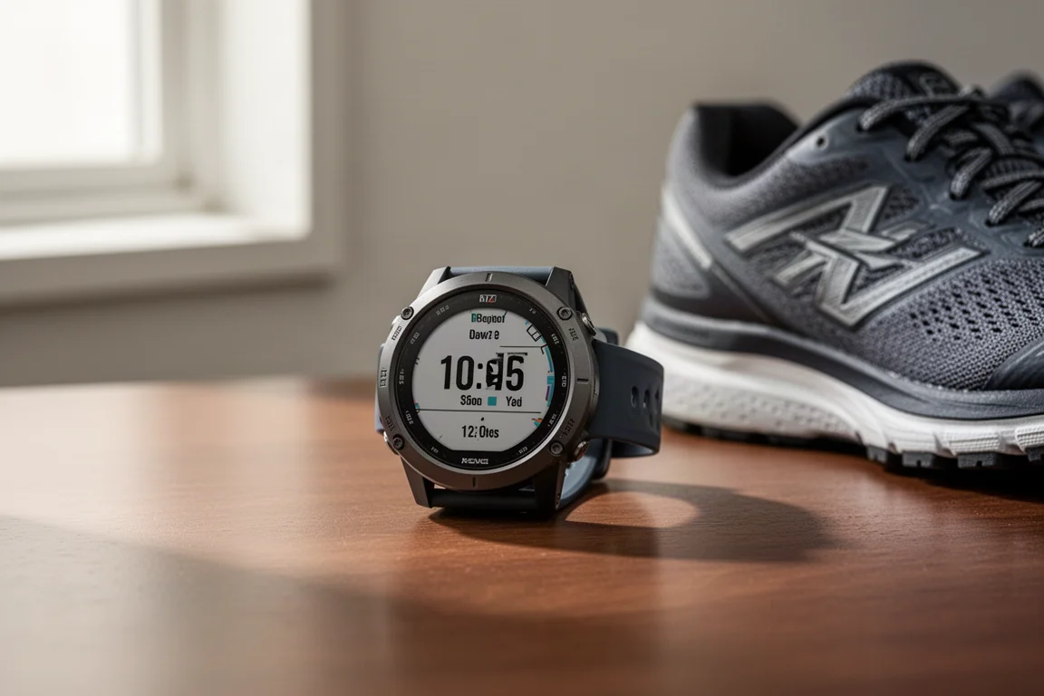 Robuust multisport-GPS-horloge op een houten bureau in zacht ochtendlicht