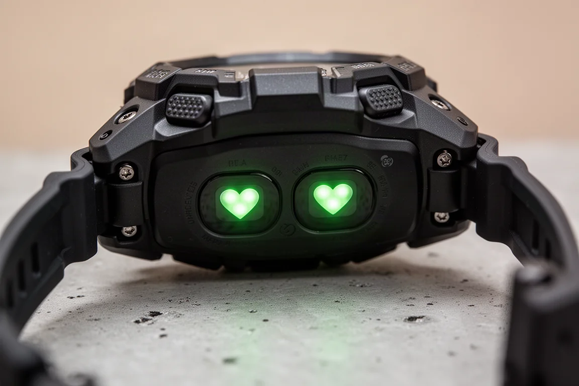 Close-up van de optische hartslagsensor aan de onderkant van een sporthorloge