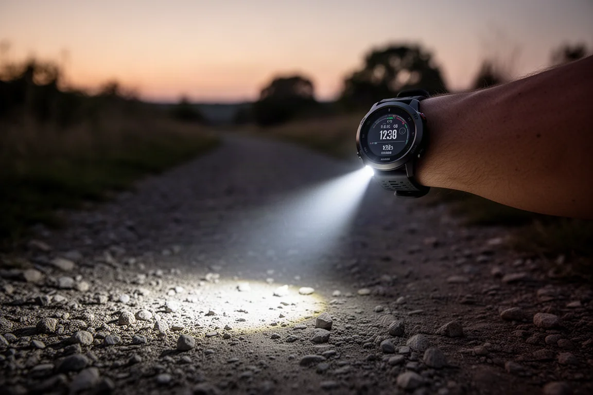 Zaklamp van het horloge werpt een witte lichtbundel over een donker hardlooppad