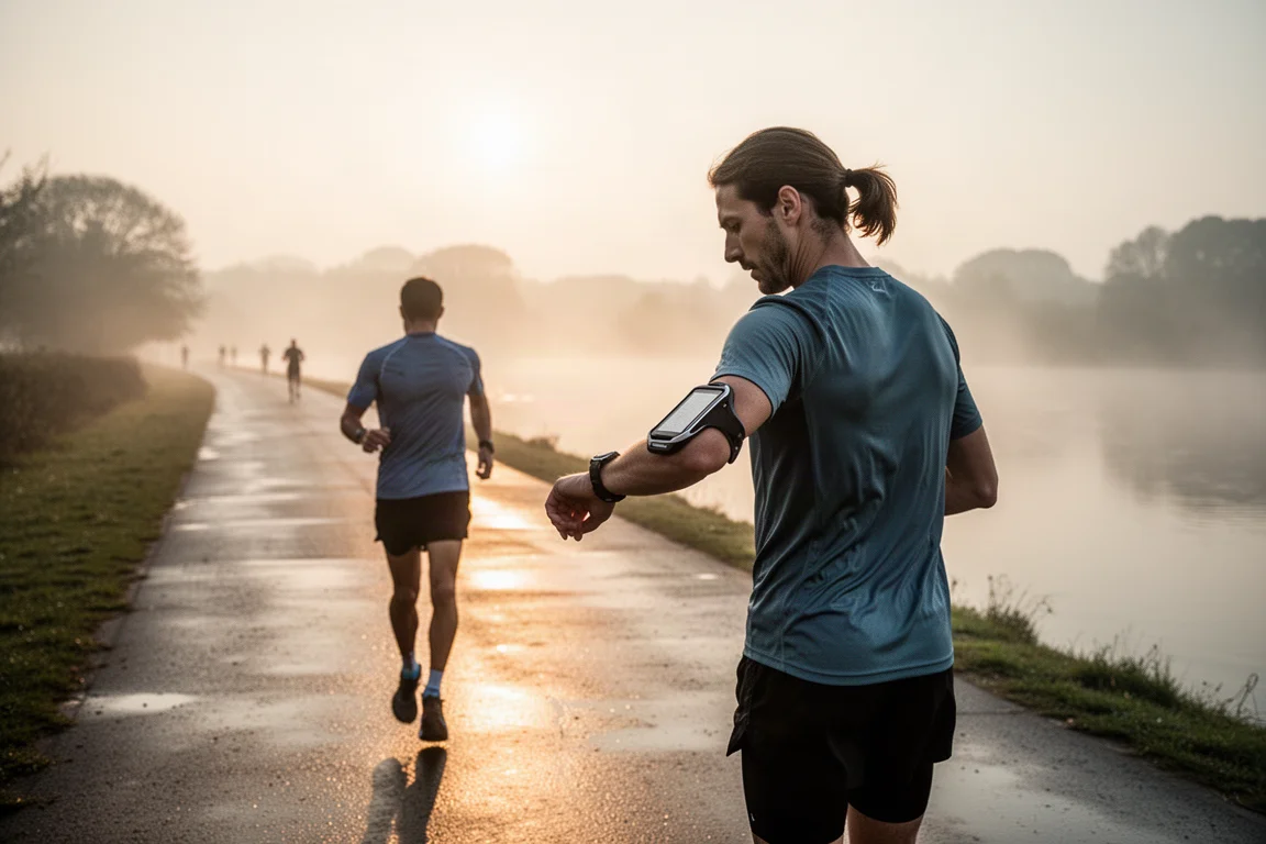 Hardloper controleert een sporthorloge tijdens een stille vroege ochtendloop