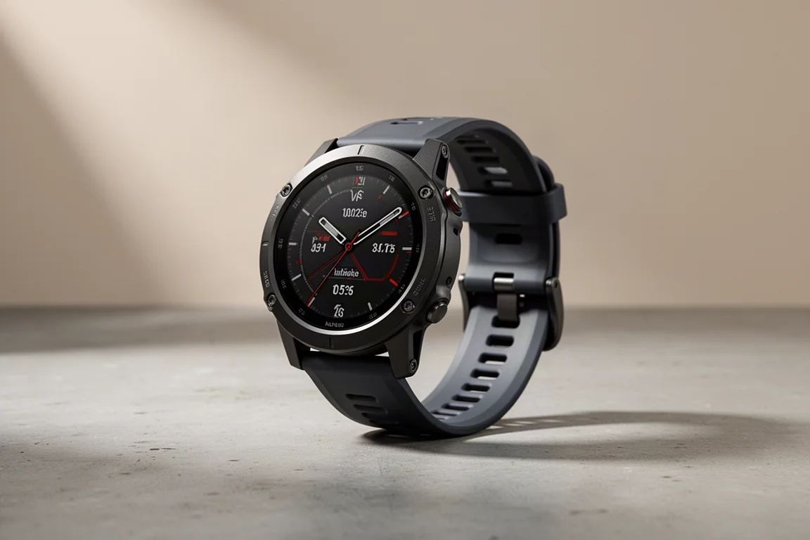 Rugged multisport GPS sports watch with round display on a concrete surface