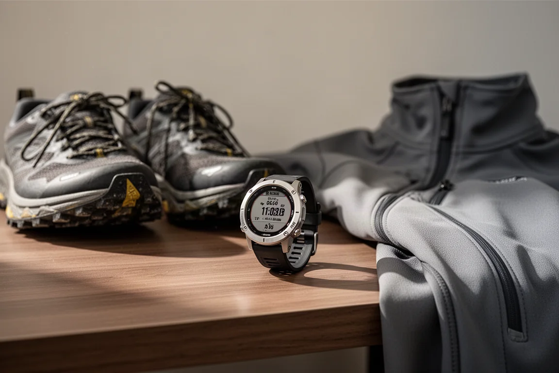 Multisport-GPS-Uhr auf einem Holzschreibtisch neben Laufschuhen nach einem Trailrun