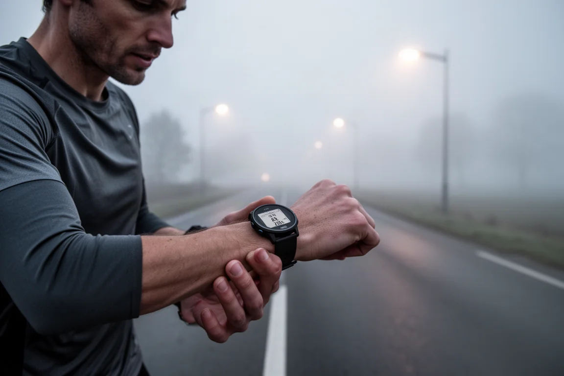 Läuferin prüft beim frühen Morgenlauf auf der Straße die Daten ihrer Armbanduhr