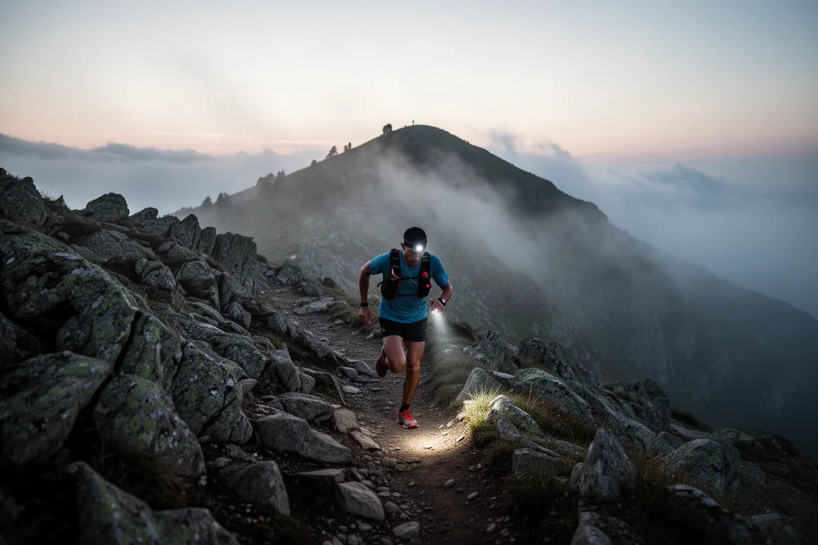 Trailrunner erklimmt in der Dämmerung einen nebligen Bergpfad mit Stirnlampenlicht