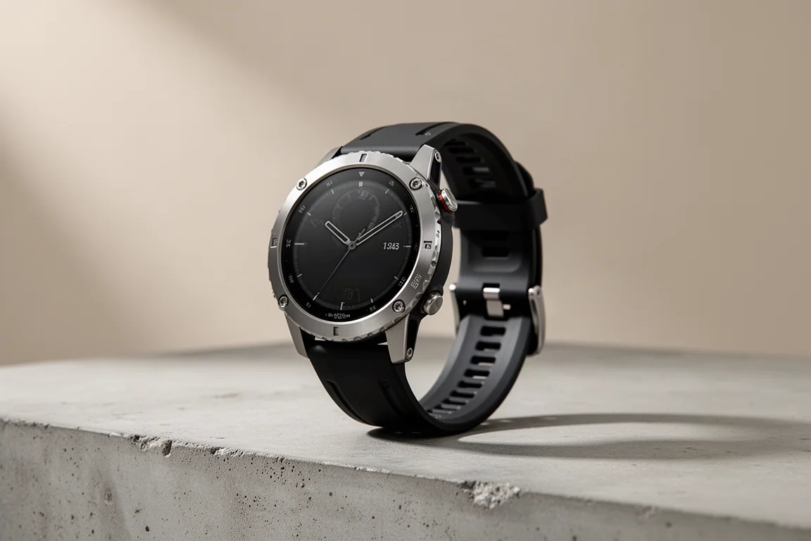 Garmin Fenix 7 Pro multisport GPS watch with steel bezel on a concrete surface