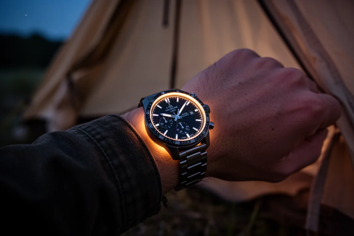 Montre de sport au poignet avec l'éclairage de la lampe torche illuminant l'intérieur d'une tente sombre