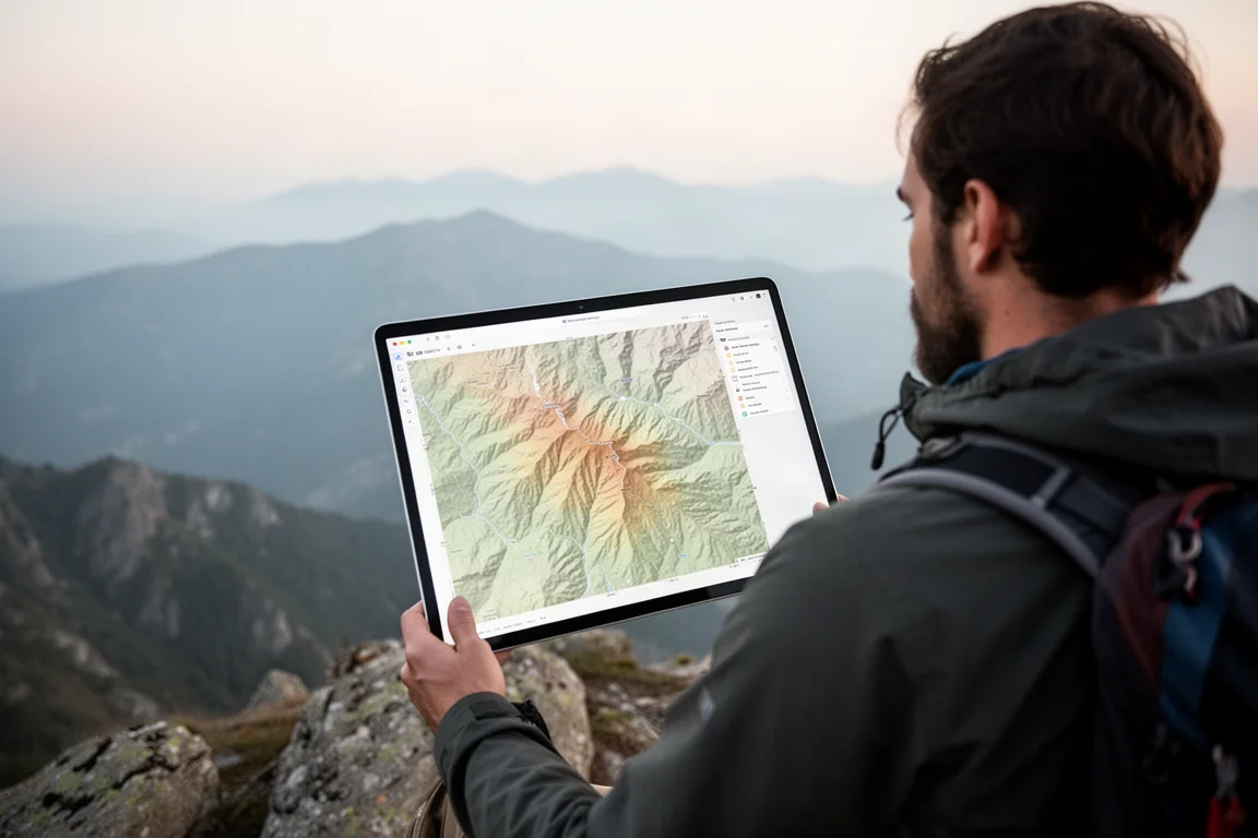 Carte topographique avec relief ombré affichée sur un écran portable lors d'une randonnée