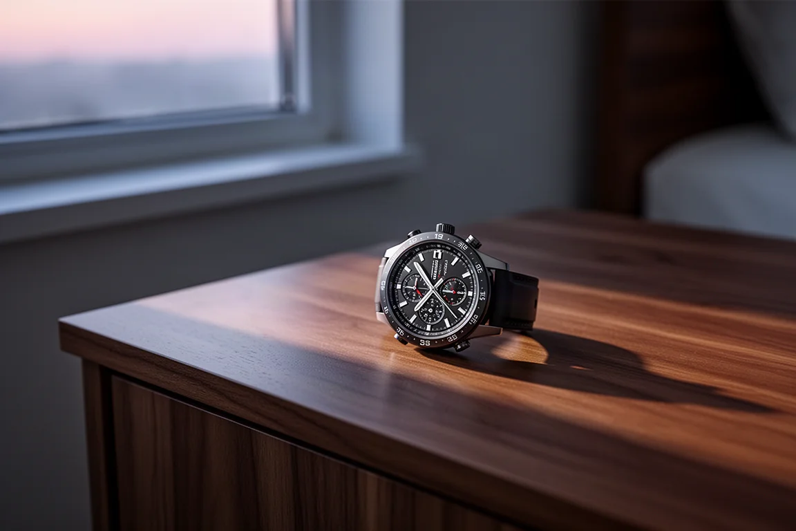 Montre connectée chargée posée sur une table de chevet près d'une fenêtre à l'aube