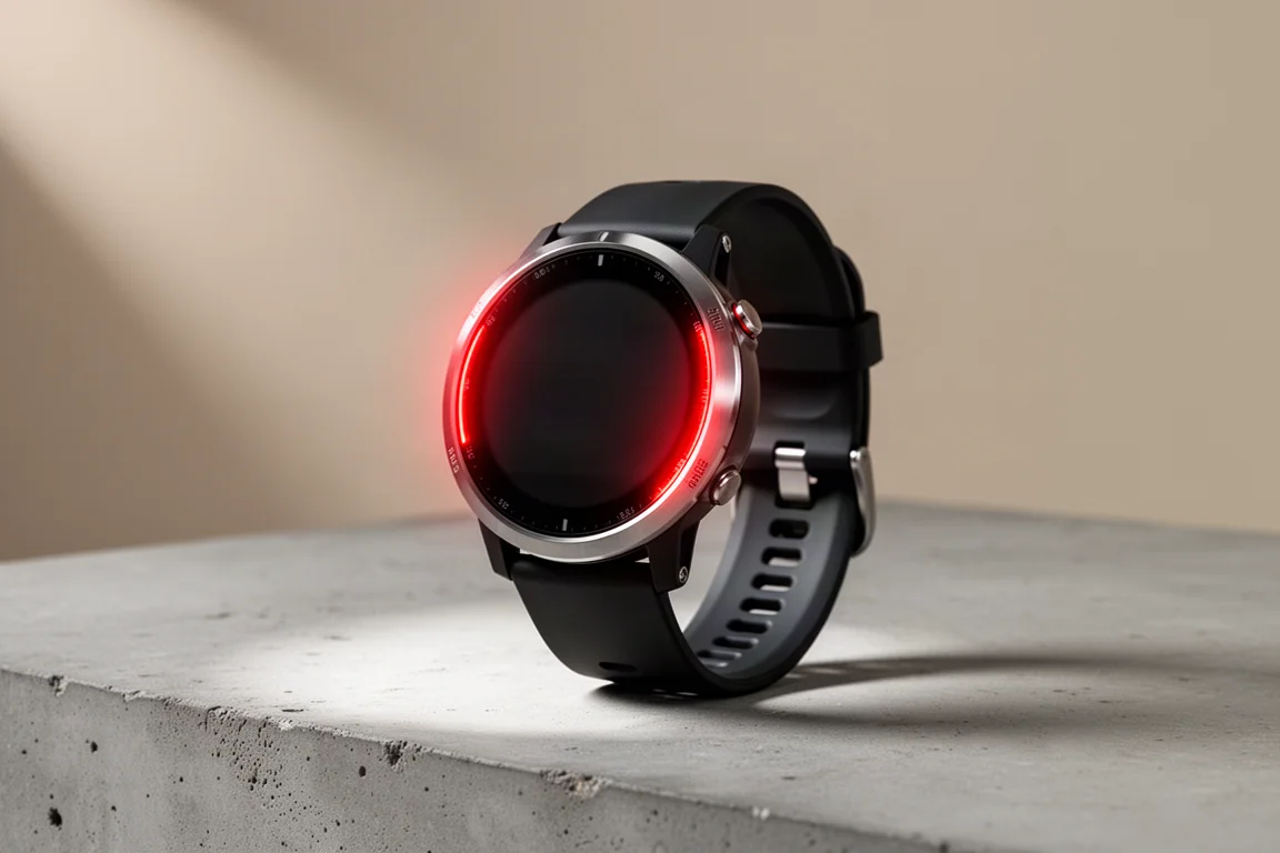 Garmin Fenix 7 Pro sports watch with red flashlight glow on concrete surface