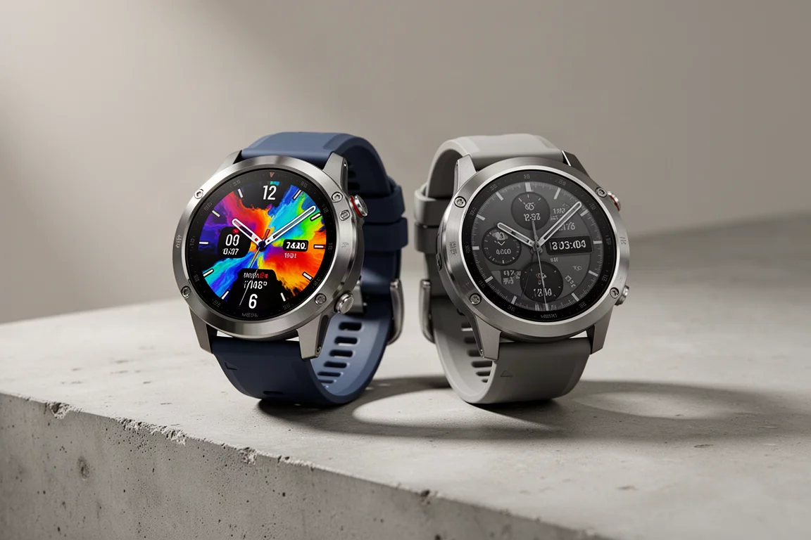 Two round Garmin-style GPS sports watches side by side on a concrete surface