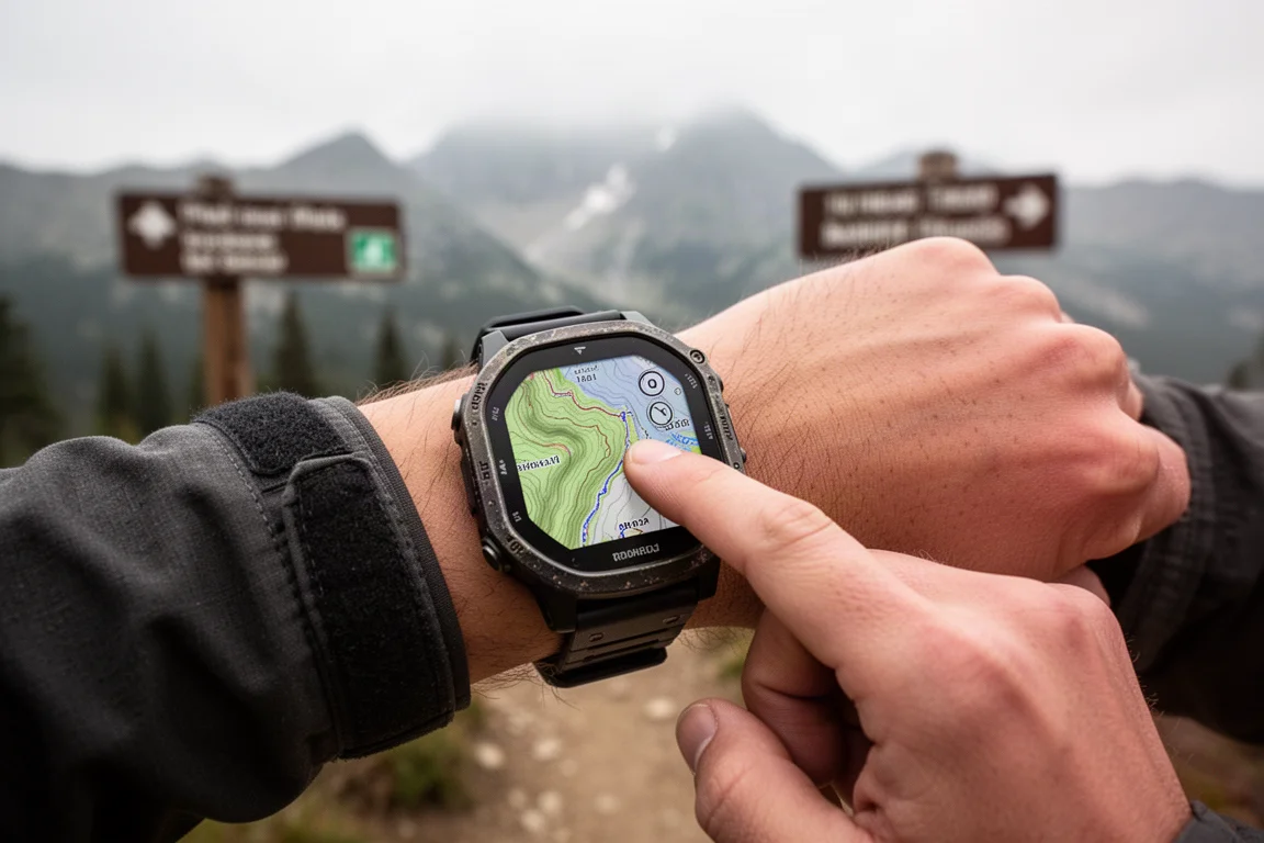 Runner controlla un orologio GPS al polso durante una corsa di prima mattina