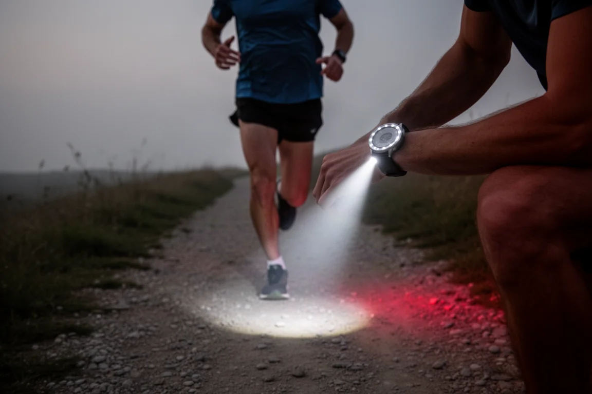 Polso con un grande orologio GPS che mostra sullo schermo il ritmo di corsa