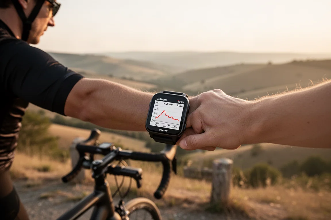 Trail runner segue un percorso collinare con un orologio GPS che mostra la mappa