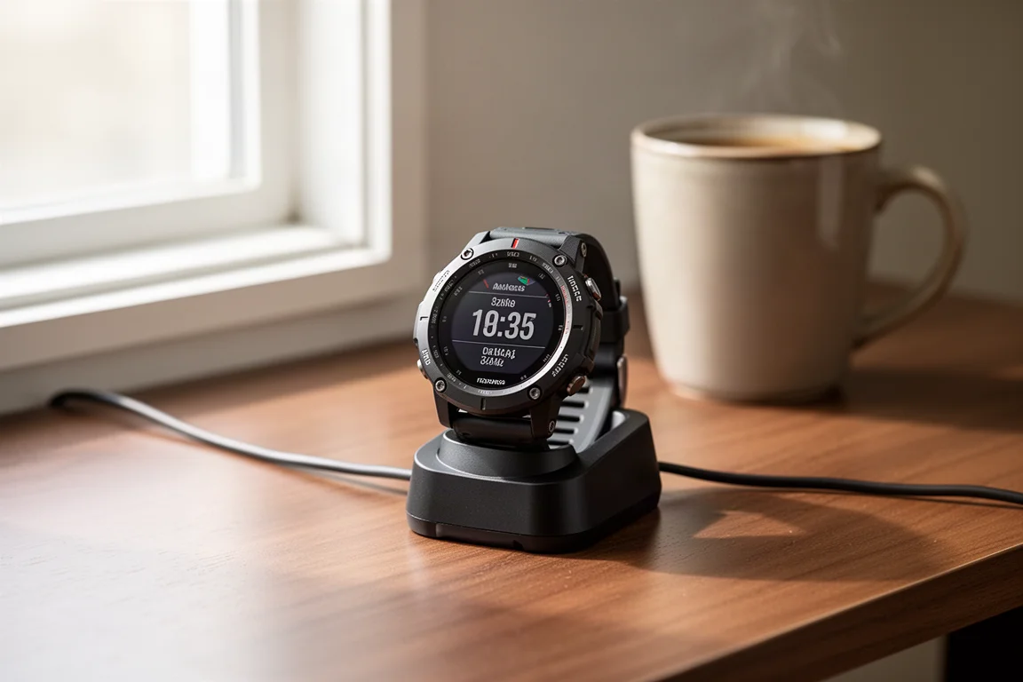 Orologio GPS in ricarica su un comodino nella soffice luce della sera
