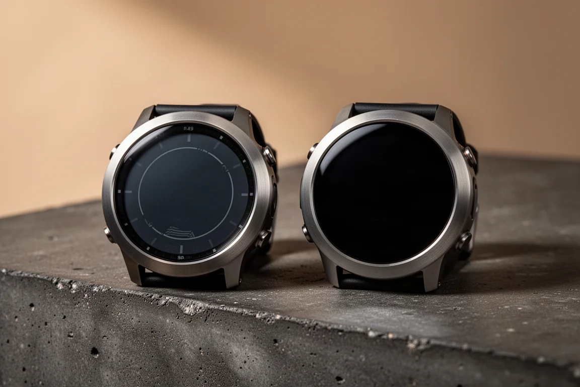 Twee robuuste ronde multisport-horloges met titanium kasten naast elkaar op donker beton