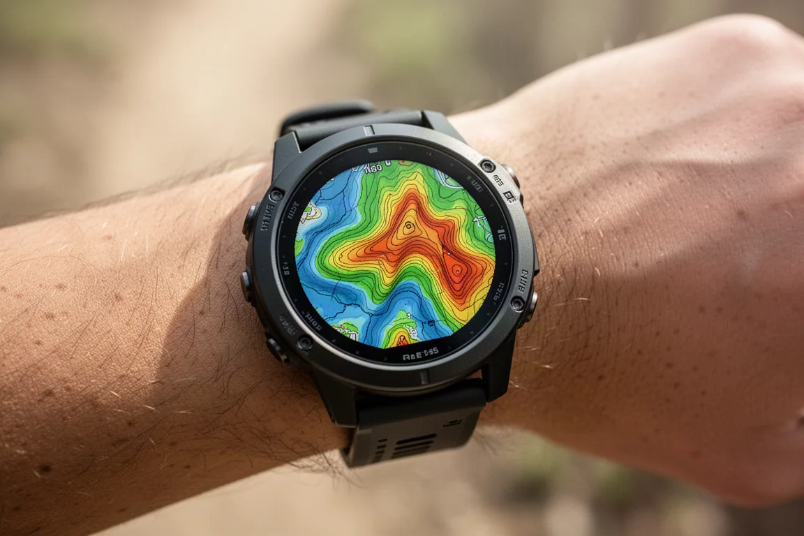 Primer plano de la pantalla de un reloj GPS resistente que muestra un mapa a color brillante a la luz del día