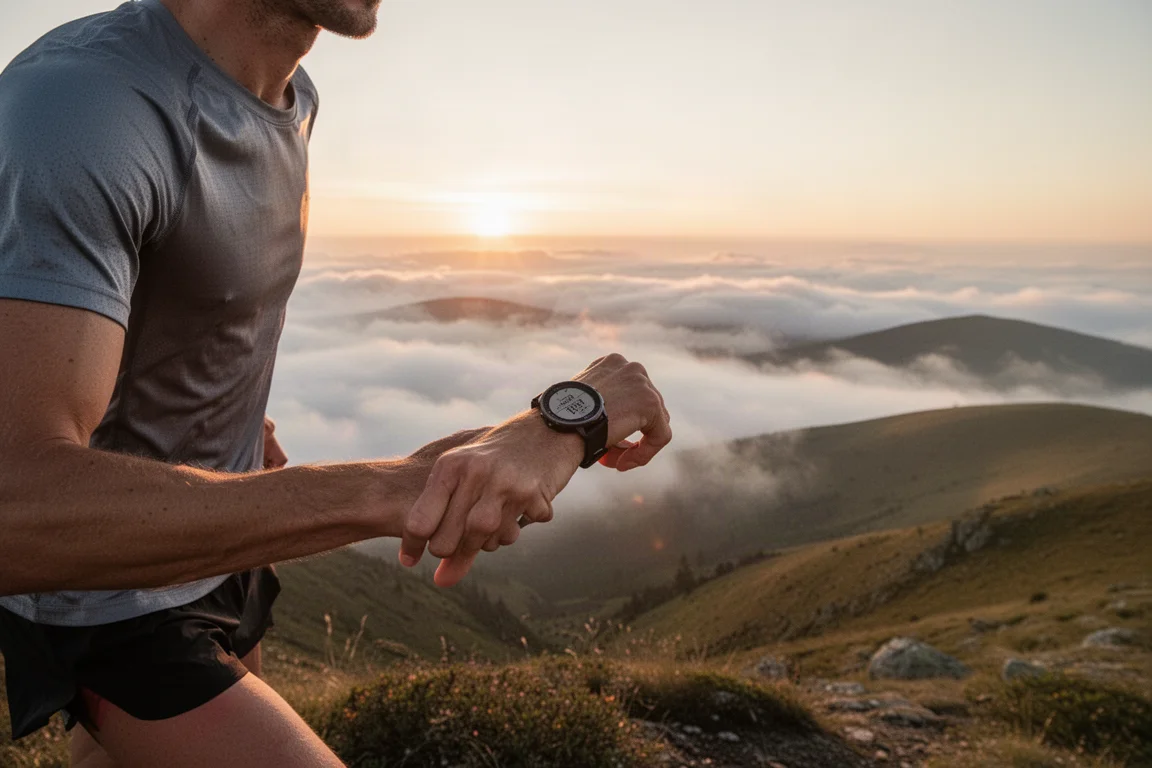 Corredora de trail consultando su reloj al amanecer en una cresta de montaña