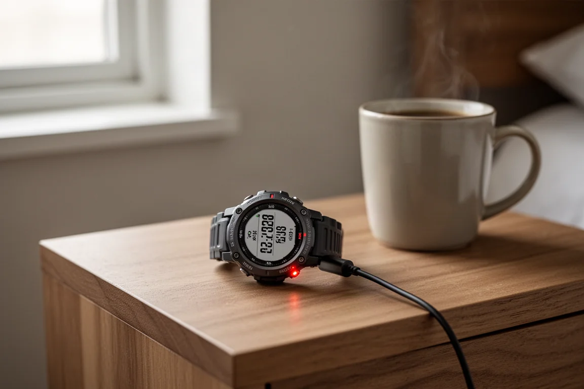 Reloj GPS cargándose en una mesita de noche junto a una taza de café