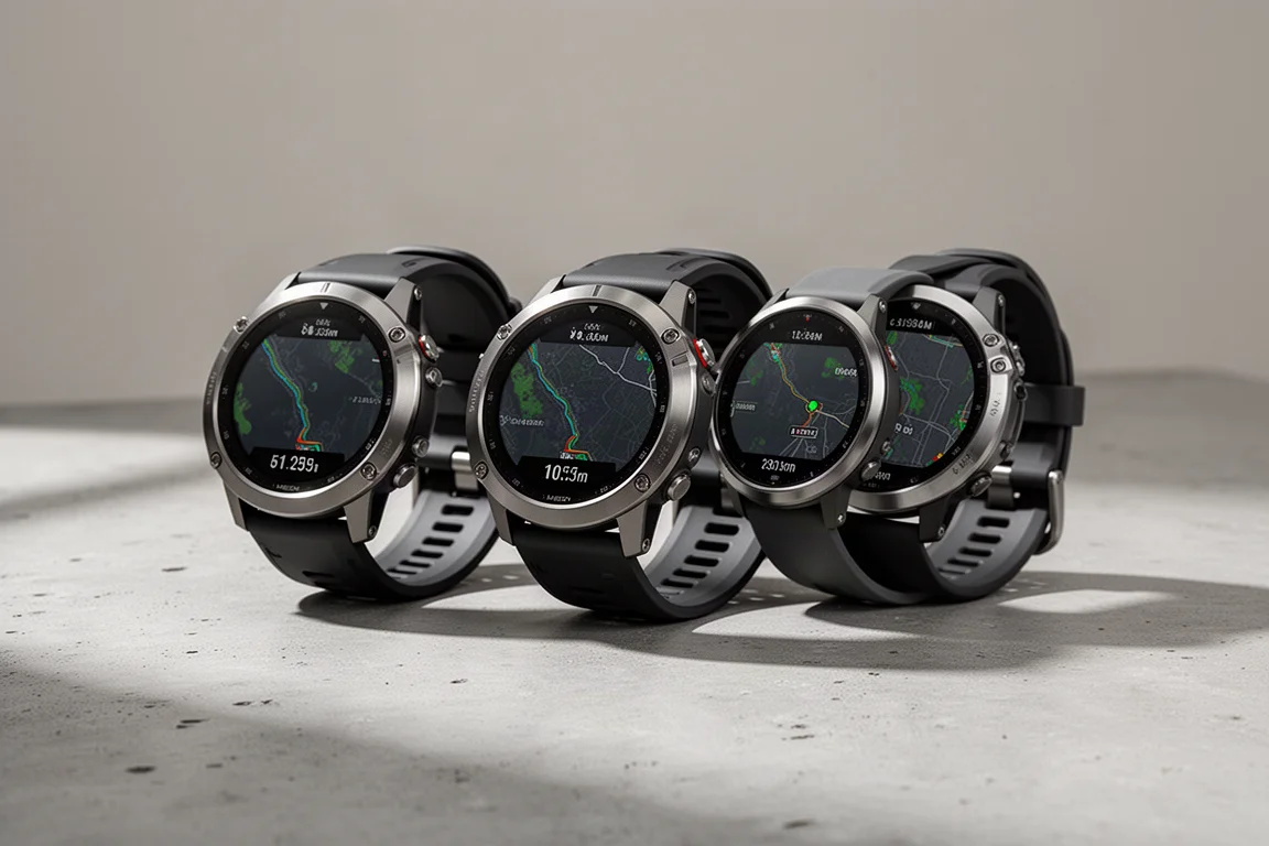 Four rugged Garmin-style GPS watches lined up on a concrete surface