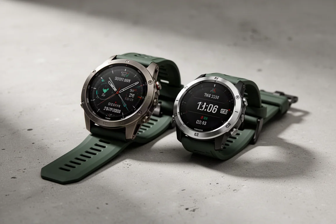 Two Garmin-style multisport GPS watches side by side on a concrete surface