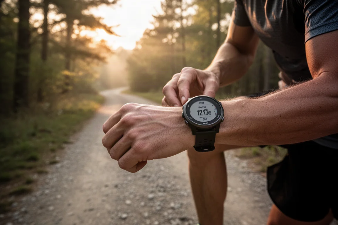 Trailrunnerin prüft während eines Laufs eine GPS-Sportuhr