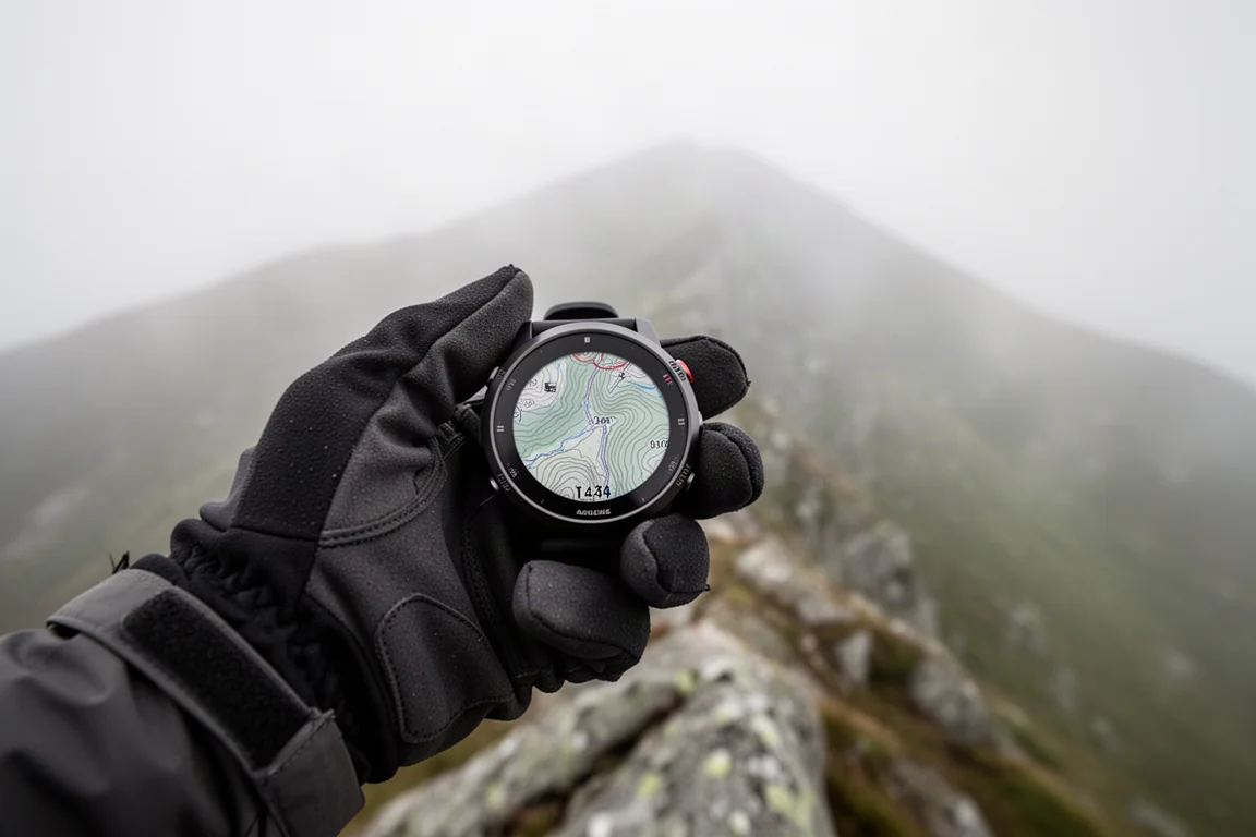 Multisport-GPS-Uhr zeigt eine Routenkarte auf einem Bergwanderweg