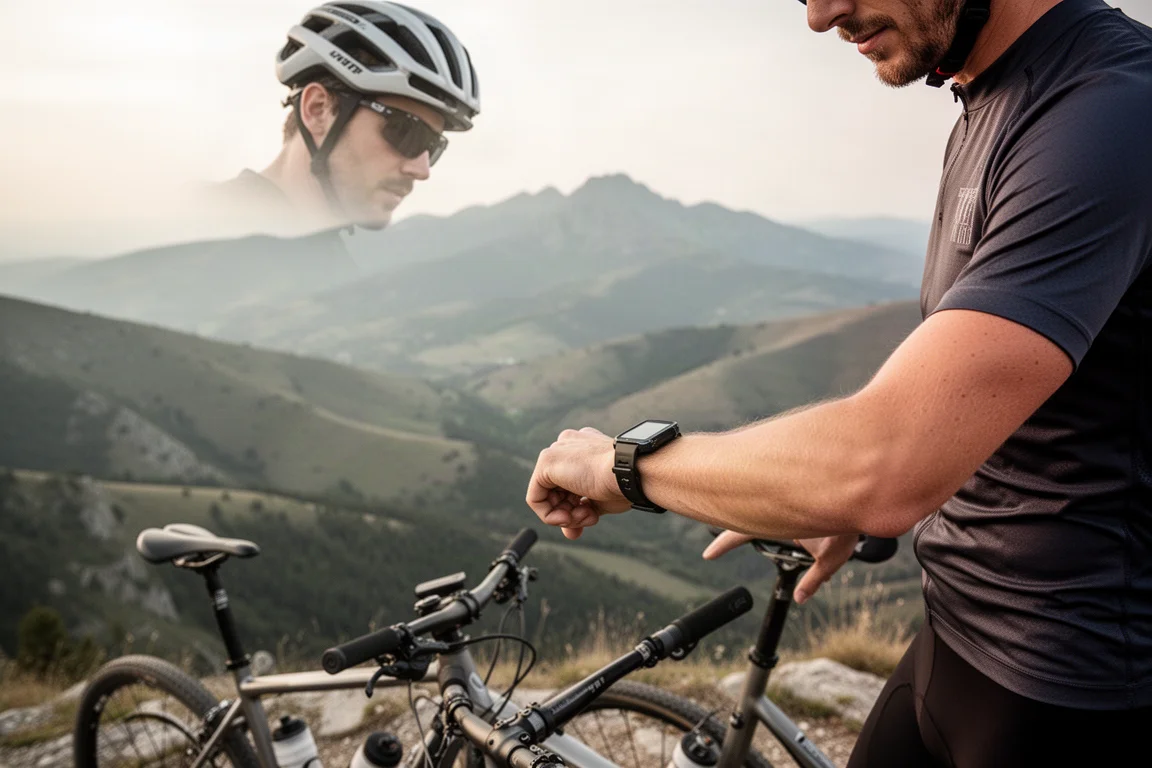 Cyklist som stannar på en bergsrygg och kollar klockan under en lång tur