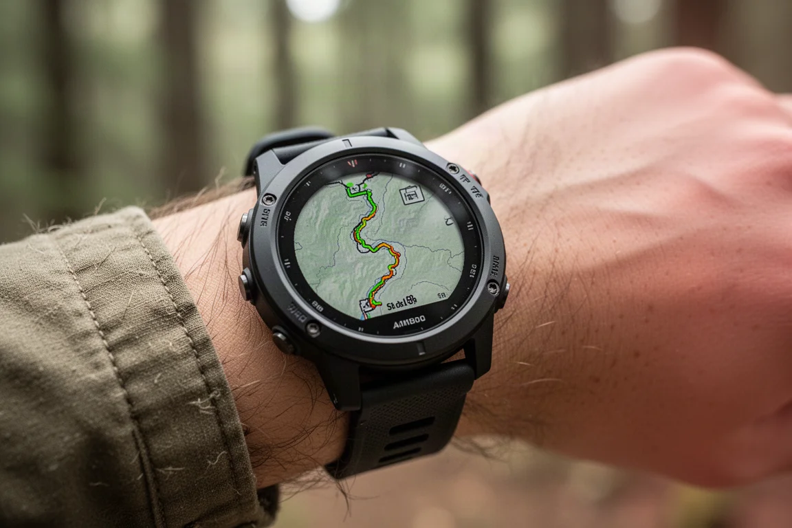 Wrist-worn GPS watch showing a trail route during a hike